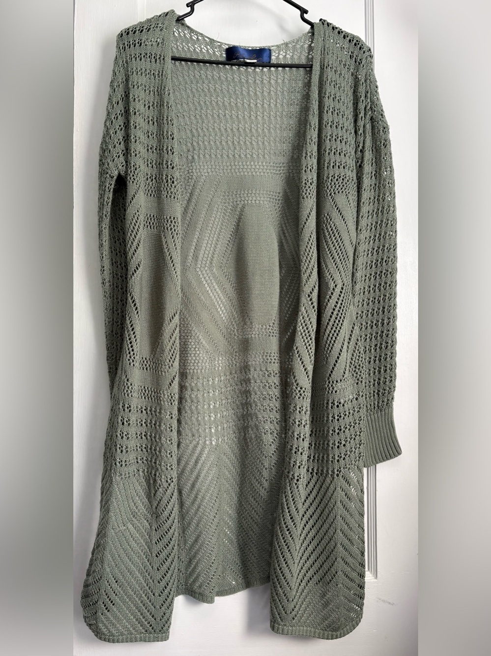 Blue Rain Sage Green Open Knit Duster Cardigan Sweater, Sz: Small